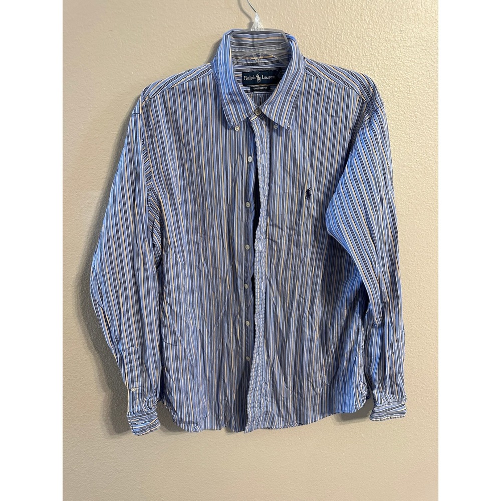Ralph Lauren Striped Button Down Shirt Custom Fit Blue XL